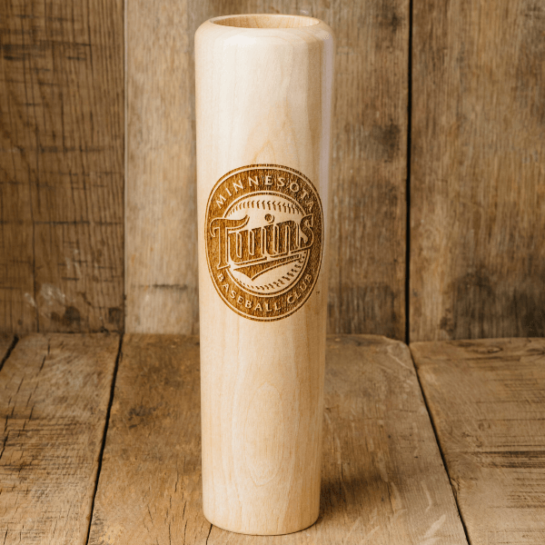 Collection of Wooden baseball bat with 'Minnesota Twins' engraving on a wooden background in a gallery layout